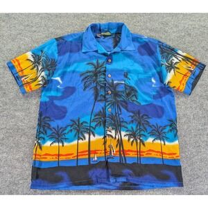Roundy Bay Vintage 90's Mens Large Tropical Hawaiian Shirt Blue Russian made